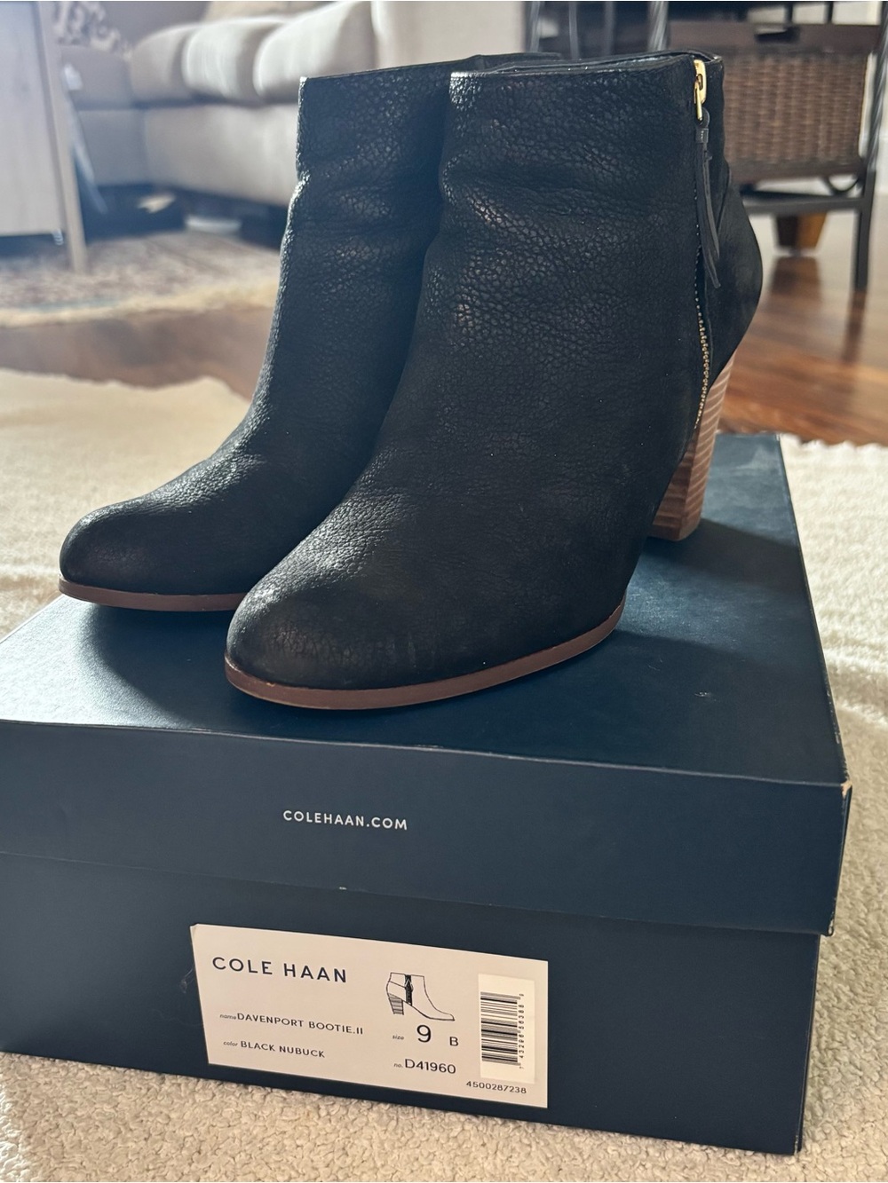 Cole Haan Black Nubuck Ankle Booties with Stacked Heel